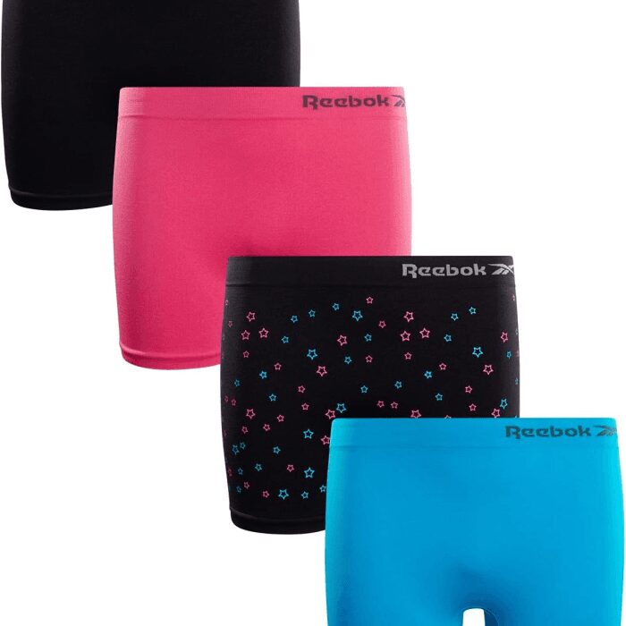 Girls’ Biker Shorts - 4 Pack Stretch Performance Girls Underwear Seamless Shorties - Cartwheel Shorts for Girls (6-16), Size 8-10, Black/Pink/Black Star/Blue